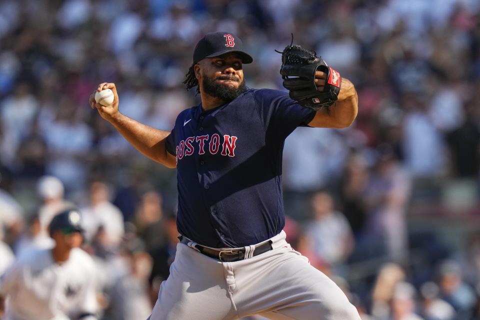 Boston Red Sox's Kenley Jansen pitches during the ninth inning of a baseball game against the New York Yankees, Sunday, Aug. 20, 2023, in New York. (AP Photo/Frank Franklin II)
