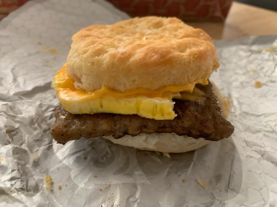Wendy's sausage, egg, and cheese biscuit on white wrapper