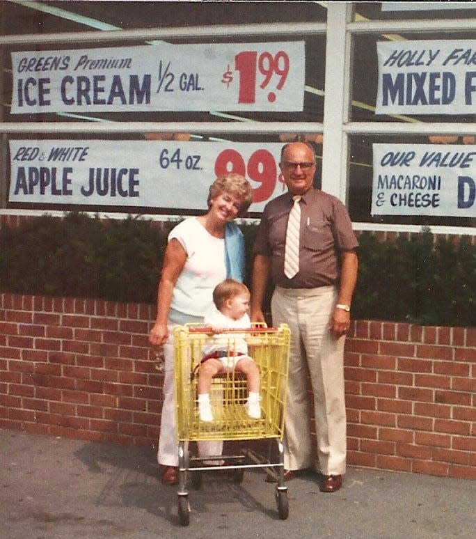 Granddaughter Karen Rohrer sits in a shopping cart at Franklin and Elaine Shank's Towne & Country Supermarket on Jefferson Boulevard in Hagerstown in this 1987 photo.