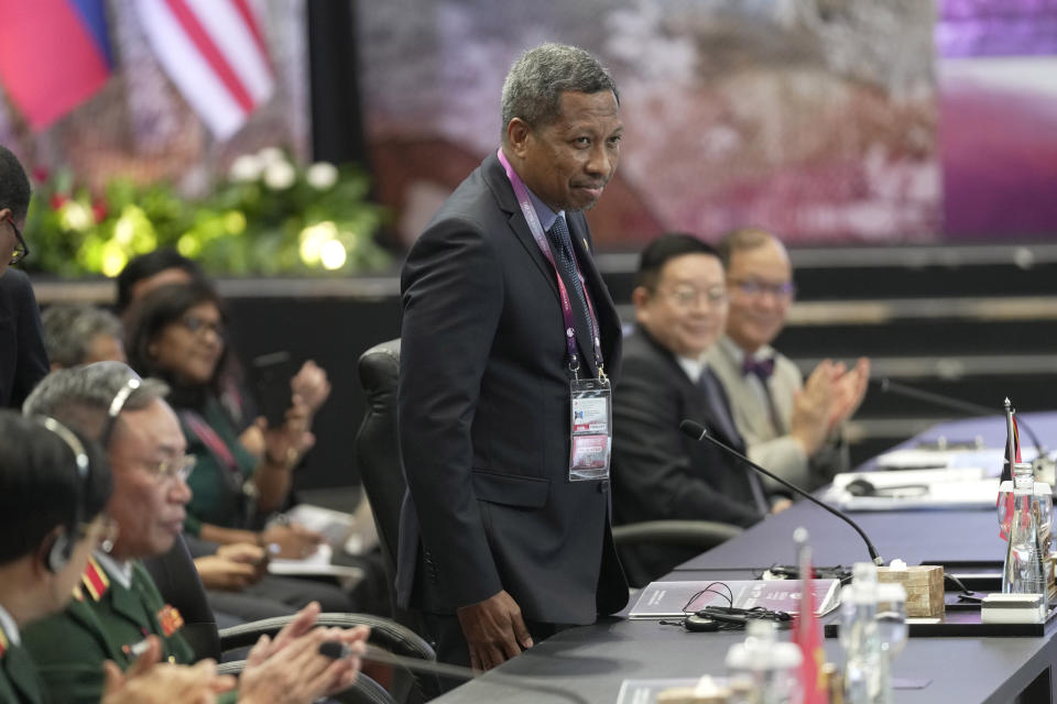 East Timor's Defense Minister Donaciano Do Rosario Da Costa Gomes attends the opening session of the Association of Southeast Asian Nations (ASEAN) Defense Ministers Meeting in Jakarta, Indonesia, Wednesday, Nov. 15, 2023. (AP Photo/Dita Alangkara, Pool)