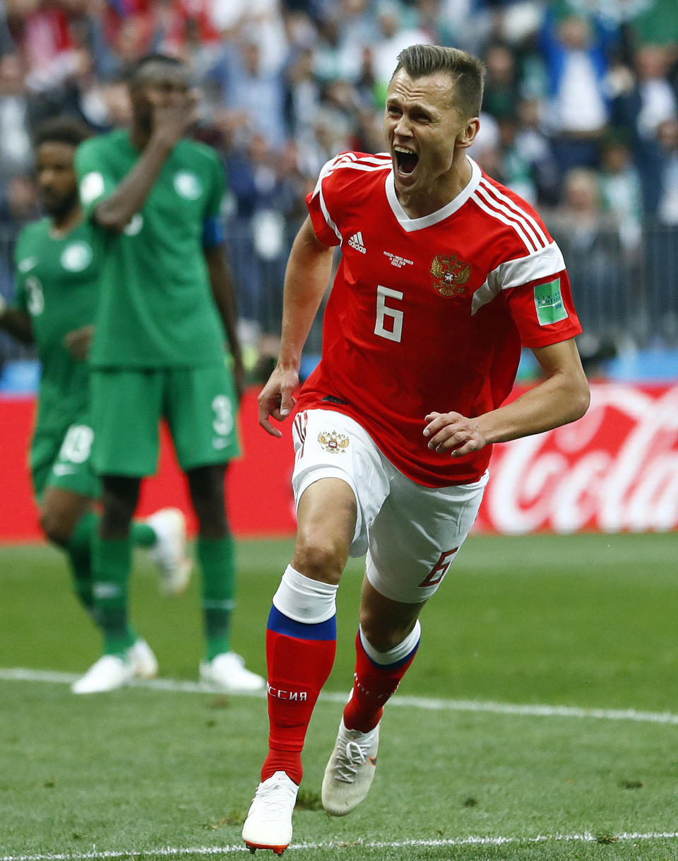 Russia’s Denis Cheryshev celebrates after scoring his side’s second goal (AP Photo/Matthias Schrader)