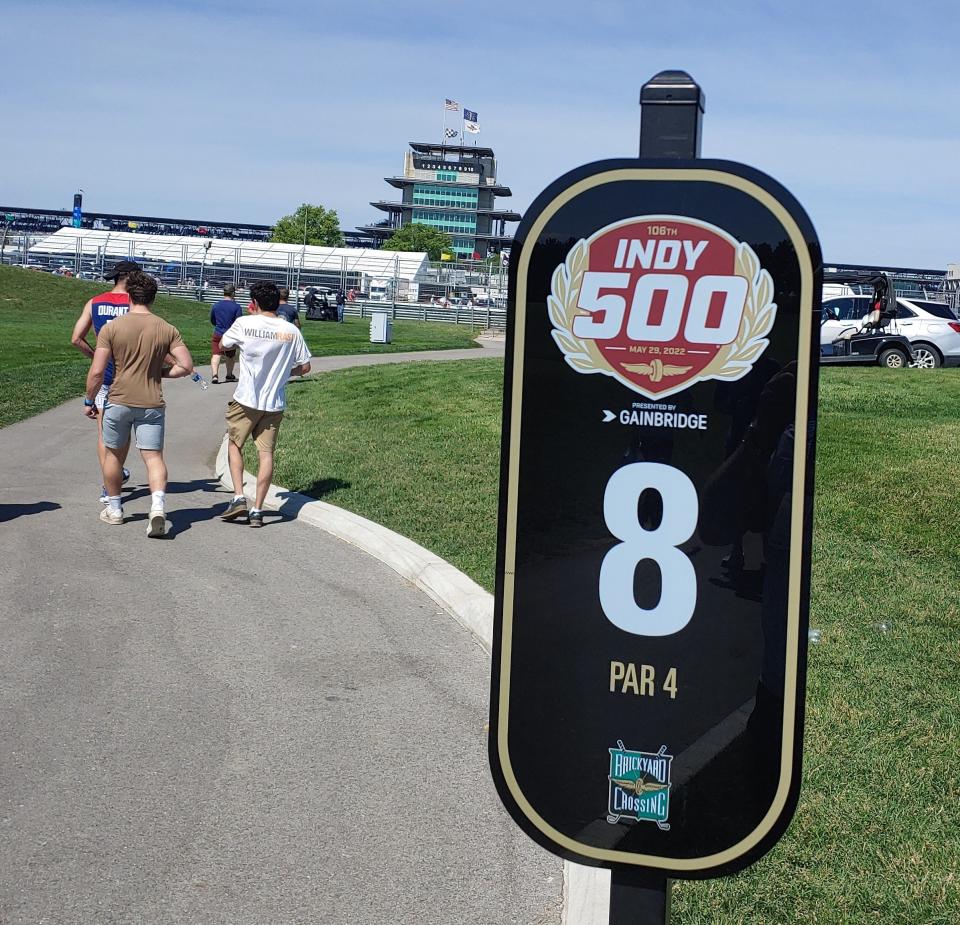 Four holes on the Brickyard Crossing course sit inside the Speedway. The tree-lined fairways are a popular gathering spot during pre-race hours.