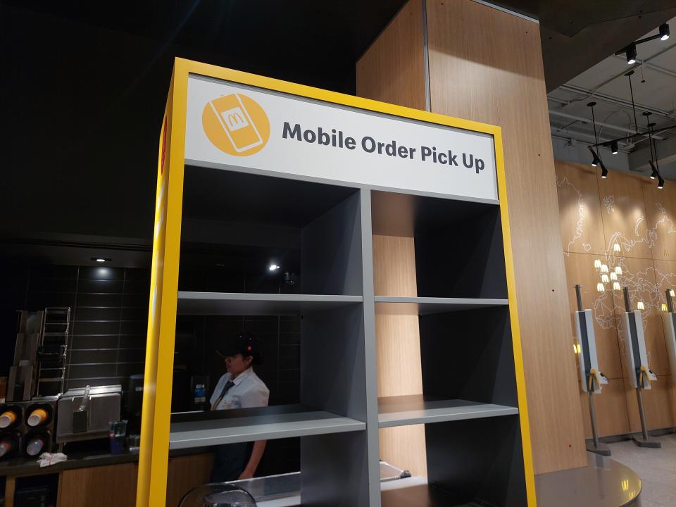 The mobile order pickup station at the McDonald's global kitchen in Chicago