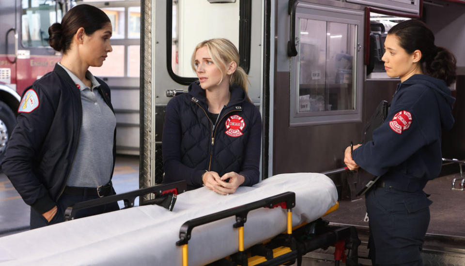 CHICAGO FIRE -- "Barely Gone" Episode 12001 -- Pictured: (l-r)  Miranda Rae Mayo as Stella Kidd, Kara Killmer as Sylvie Brett, Hanako Greensmith as Violet Mikami -- (Photo by: Adrian S Burrows Sr/NBC)