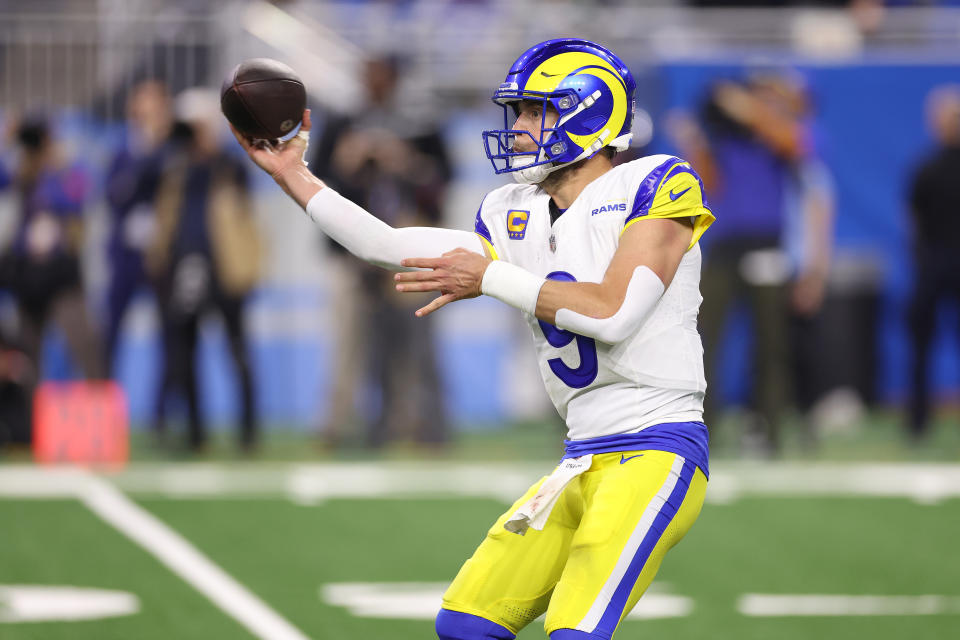 DETROIT, MICHIGAN - JANUARY 14: Matthew Stafford #9 of the Los Angeles Rams plays against Detroit Lions during an NFC Wild Card Playoff game at Ford Field on January 14, 2024 in Detroit, Michigan.  (Photo by Gregory Shamus/Getty Images)