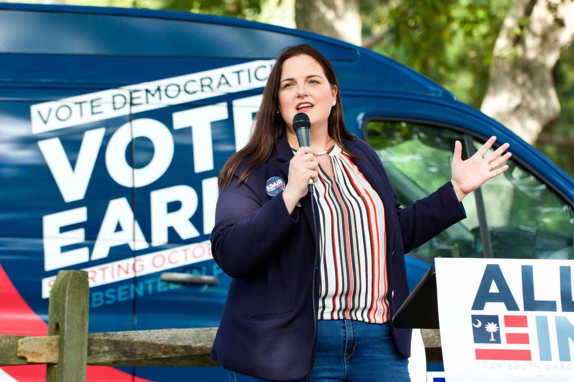 FILE - Then-Democratic U.S. House candidate Adair Ford Boroughs speaks at an outdoor town hall event at Perry Memorial Park in Aiken, S.C., on Oct. 22, 2020. Boroughs was sworn in as South Carolina’s U.S. attorney, Tuesday, July 26, 2022, according to the U.S. Department of Justice. (Colin Demarest/The Aiken Standard via AP, File)