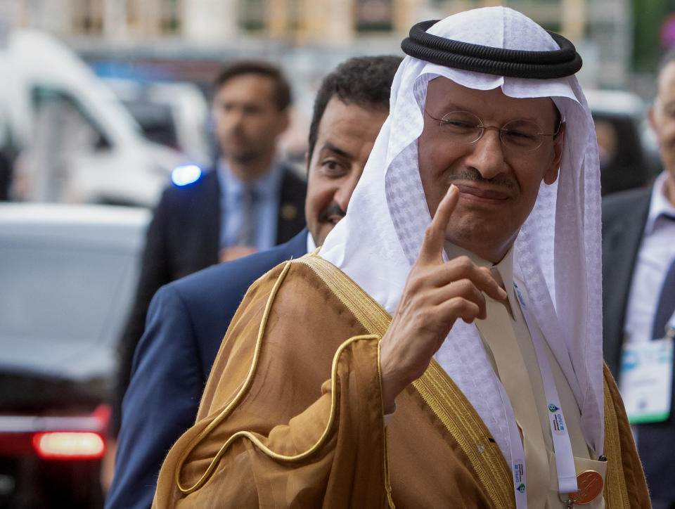 Saudi Arabia's Minister of Energy Prince Abdulaziz bin Salman al-Saud gesture upon his arrival at the 8th OPEC International Seminar in Vienna on July 5, 2023 (Photo by Alex HALADA / AFP) (Photo by ALEX HALADA/AFP via Getty Images)