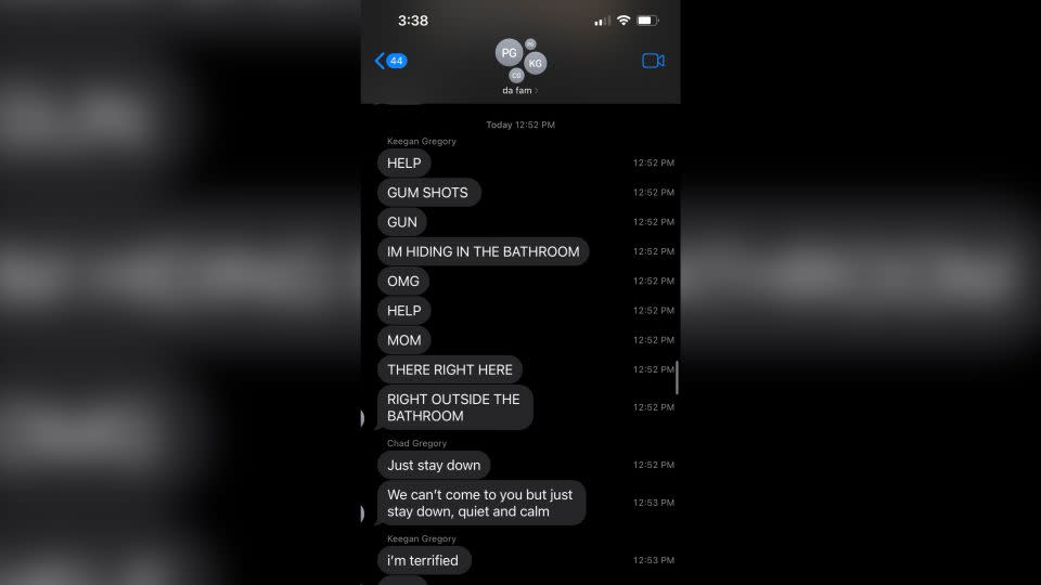 A screenshot displays text messages between Keegan Gregory and his family on the day of the shootings. - Courtesy Meghan Gregory