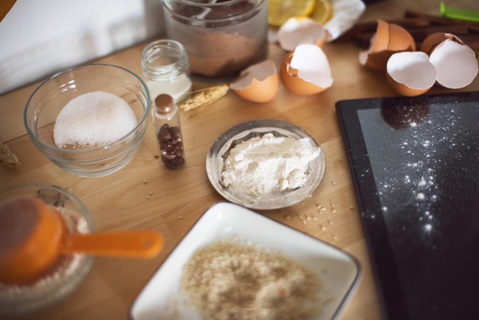 Baking ingredients on messy table