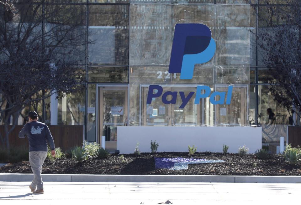 A sign is posted in front of PayPal headquarters on February 02, 2022 in San Jose, California.