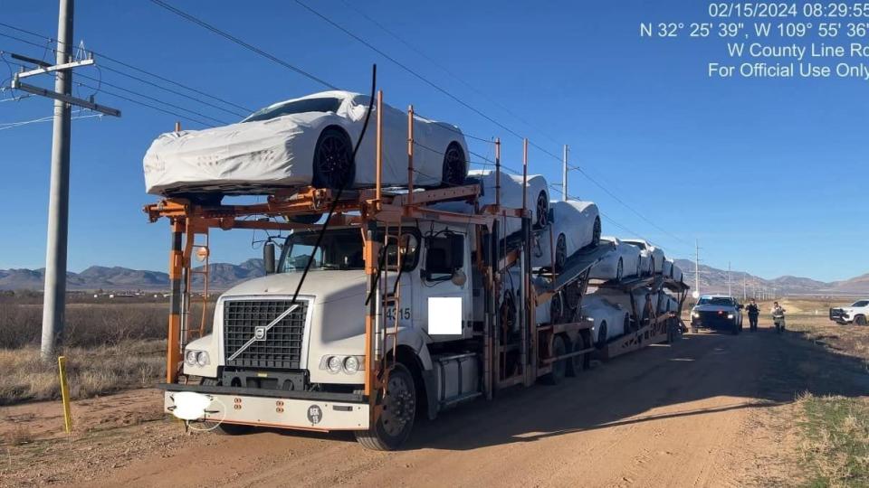 truck hauling new corvettes