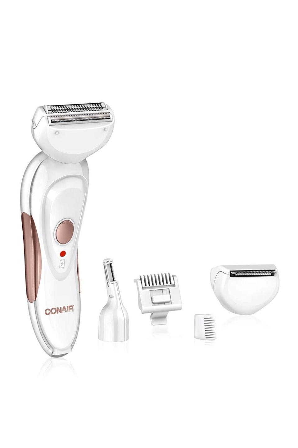 <p><strong>Conair</strong></p><p>amazon.com</p><p><strong>$34.73</strong></p><p><a href="https://www.amazon.com/dp/B07H587P73?tag=syn-yahoo-20&ascsubtag=%5Bartid%7C10049.g.39853612%5Bsrc%7Cyahoo-us" rel="nofollow noopener" target="_blank" data-ylk="slk:Shop Now;elm:context_link;itc:0;sec:content-canvas" class="link ">Shop Now</a></p><p>This shaving kit legit has it all. An electric foil razor that can be used on wet or dry skin plus four different attachments, including a <a href="https://www.cosmopolitan.com/style-beauty/beauty/g32082297/best-bikini-trimmers-razors/" rel="nofollow noopener" target="_blank" data-ylk="slk:bikini trimmer;elm:context_link;itc:0;sec:content-canvas" class="link ">bikini trimmer</a>, detail trimmer, and two precision combs. Amazon shoppers love it for it's usability (it has an ergonomic, non-slip grip) and the fact that <strong>you can use it remove hair in multiple places</strong>, including you legs, under arms, and face.</p><p><em><strong>THE REVIEW: </strong></em><em>"So far this has been great," writes one reviewer. "It's easy to use and way cheaper than getting waxed. The eyebrow piece is a little hard to work with but I'm learning."</em></p>