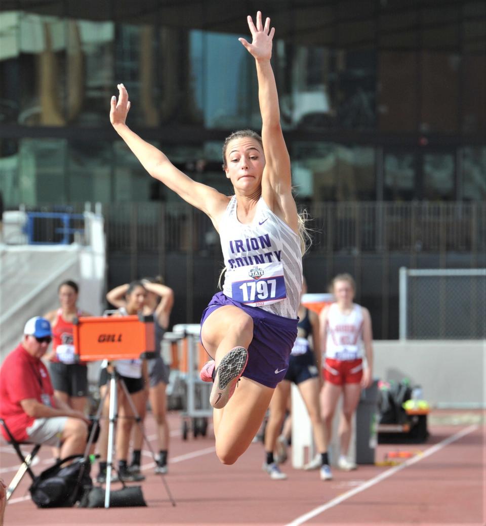 Irion County's Kaegen James competes in the 1A girls long jump during the 2022 UIL Track & Field State Championship in Austin on Saturday, May 14, 2022.