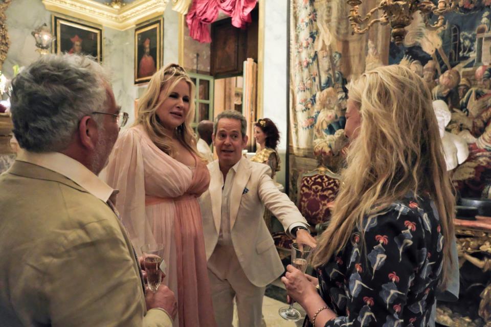 Jennifer Coolidge, who plays Tanya, in what Bovaird calls an “amazing symphony of salmon” (HBO)