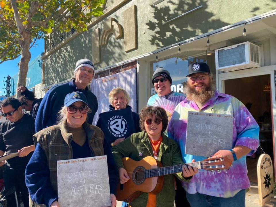 A handful of fans camped out on the sidewalk Thursday night to get a spot on line for an album signing with Neil Young at Traffic Records on Friday, Dec. 8, 2023. Sharpie Girl, Jericho, Dave Schaechtel, Scott Sterling, Tony Fornaro, and Matt Peterson.