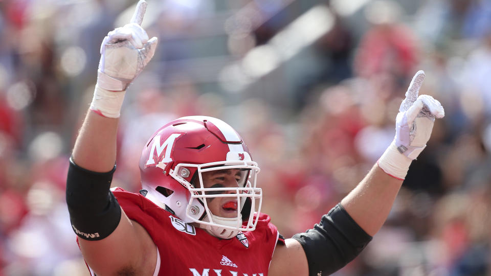 Miami (Ohio) OT Tommy Doyle is our highest-rated 2021 NFL draft prospect from the MAC. (AP Photo/Tony Tribble)