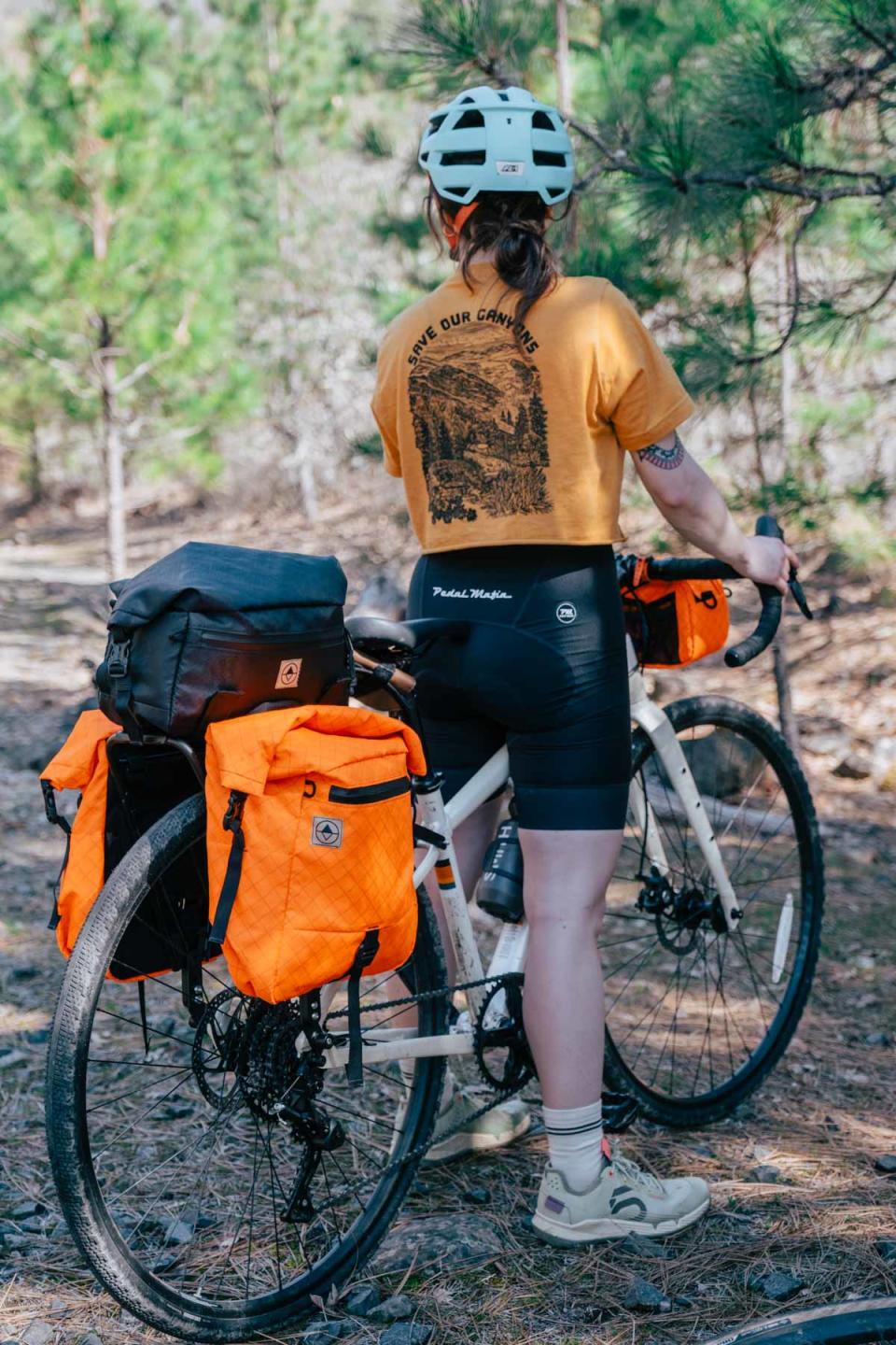 North St. Bikepacking bags, female rider w panniers