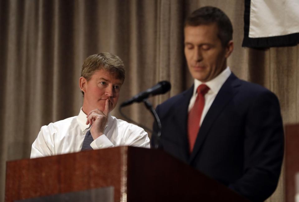 Republican gubernatorial candidate Eric Greitens, right, and Democratic challenger Chris Koster participates in the first general election debate in the race for Missouri governor at the Missouri Press Association convention Friday, Sept. 30, 2016, in Branson, Mo. (Photo: Jeff Roberson/AP)