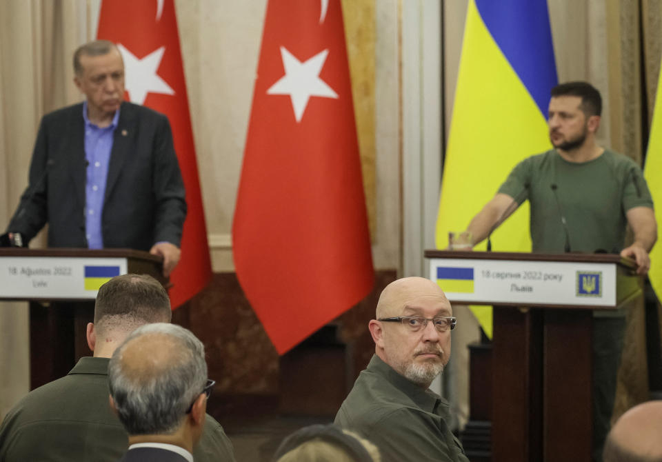 Ukrainian Defence Minister Oleksii Reznikov attends a joint news conference of Ukrainian President Volodymyr Zelenskiy, Turkish President Tayyip Erdogan and UN Secretary-General Antonio Guterres in Lviv, Ukraine August 18, 2022. REUTERS/Gleb Garanich