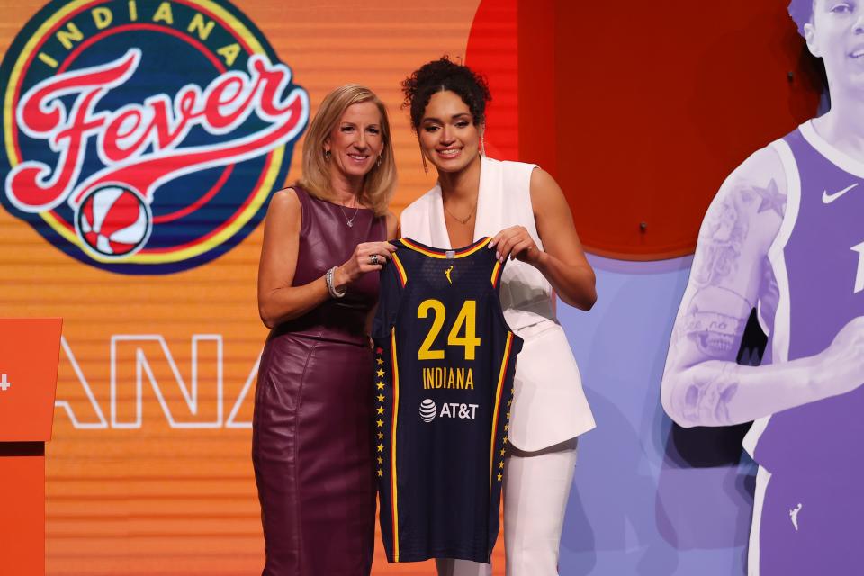 Apr 15, 2024; Brooklyn, NY, USA; Celeste Taylor poses with WNBA commissioner Cathy Engelbert after she is selected with the number fifteen overall pick to the Indiana Fever in the 2024 WNBA Draft at Brooklyn Academy of Music. Mandatory Credit: Brad Penner-USA TODAY Sports