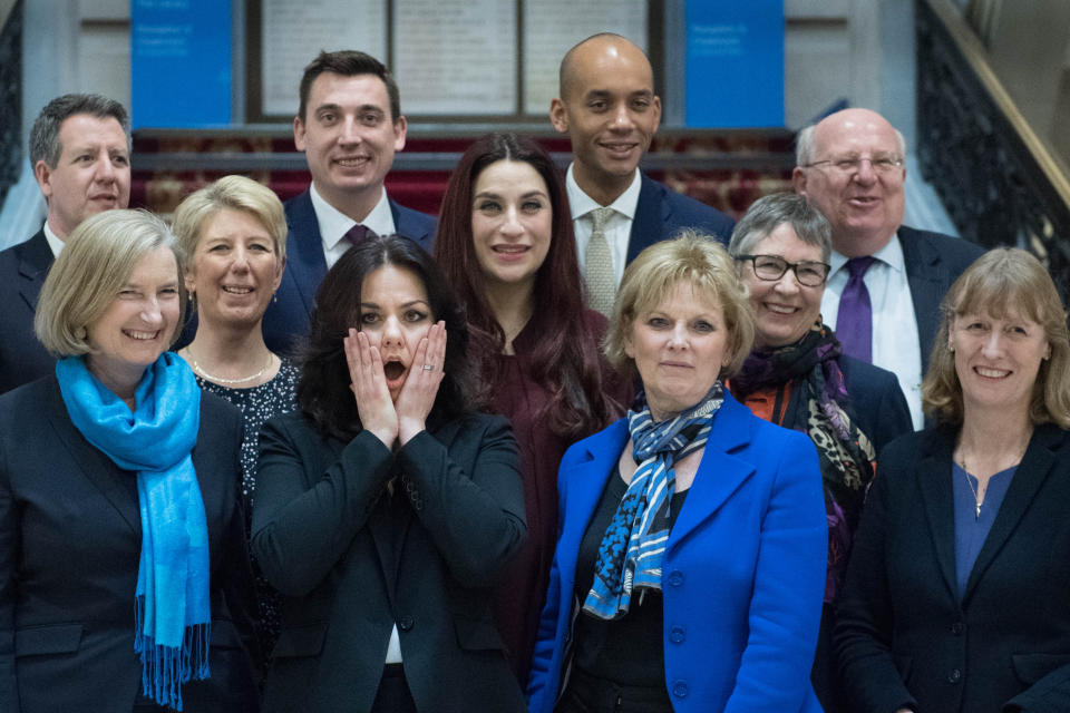 (back row left to right) Chris Leslie, Gavin Shuker, Chuka Umunna and Mike Gapes, (middle row, left to right) Angela Smith, Luciana Berger and Ann Coffey, (front row, left to right) Sarah Wollaston, Heidi Allen, Anna Soubry and Joan Ryan, following a press conference for the Independent Group where the three Conservative MPs, Wollaston, Allen and Soubry, announced their resignation from the party. (Photo by Stefan Rousseau/PA Images via Getty Images)