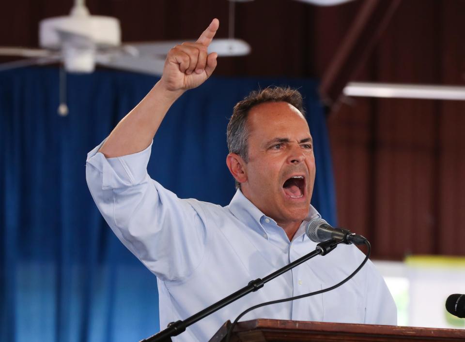 Gov. Matt Bevin delivered a speech during the Fancy Farm political picnic in Fancy Farm, Ky.Aug. 3, 2019