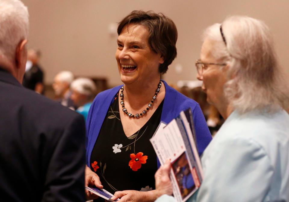 Rep. Barbara Phifer speaks to guests at the Democrat Days Banquet at the Doubletree Hotel in Springfield on April 6, 2024.