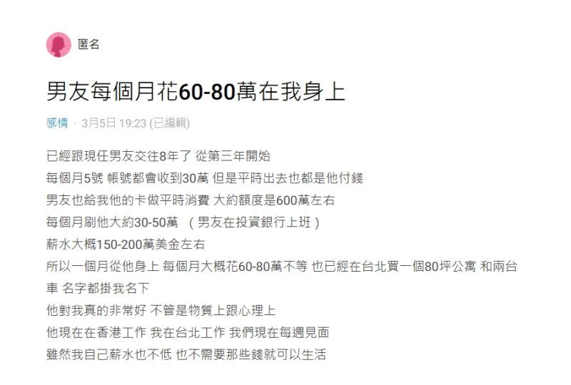 ▲網友匿名發文「男友每個月花60-80萬在我身上」引發討論。（圖／翻攝自Dcard）