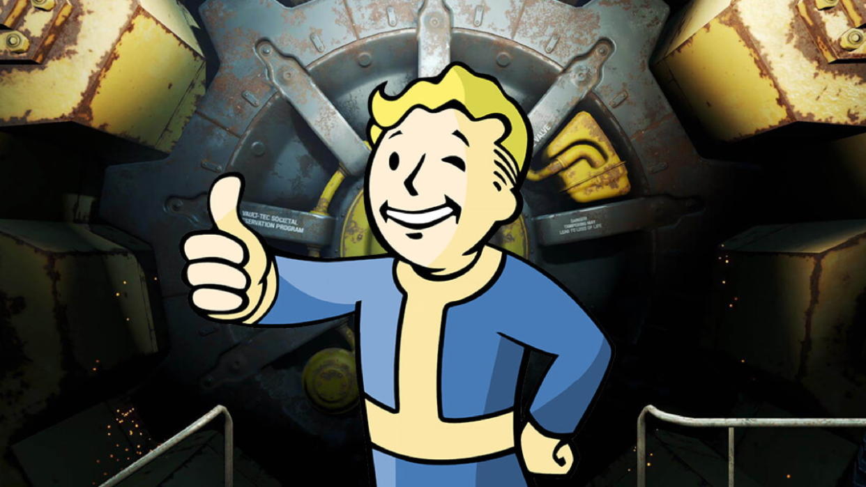  Fallout 5: A picture of Vault Boy giving a thumbs up in front of a closed vault from the Fallout games. 