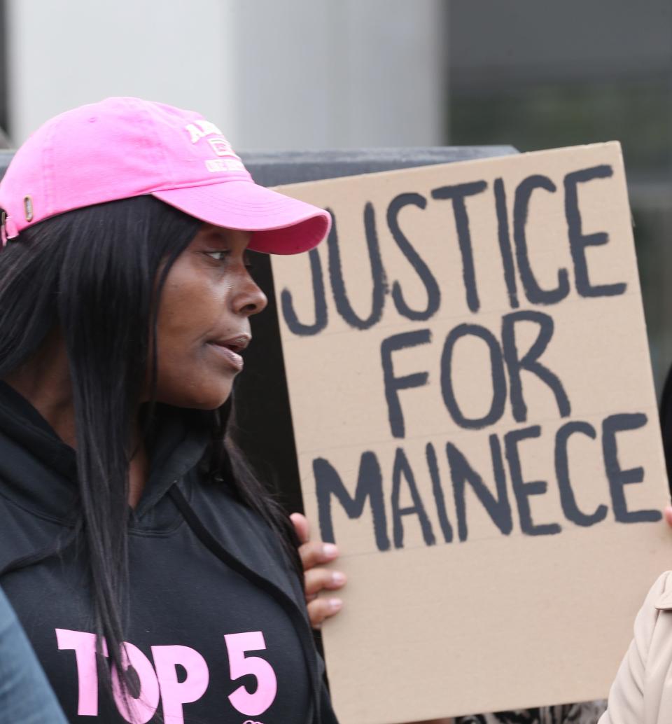 Nicole Duncan, mother of Mount Vern teen stabbing victim Mainece Simpson, speaks at a press conference outside Westchester County Courthouse in White Plains May 13, 2022. 