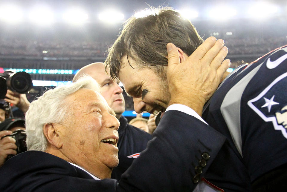 FOXBOROUGH, MA - JANUARY 21:  Tom Brady #12 of the New England Patriots celebrates with owner Robert Kraft after winning the AFC Championship Game against the Jacksonville Jaguars at Gillette Stadium on January 21, 2018 in Foxborough, Massachusetts.  (Photo by Jim Rogash/Getty Images)
