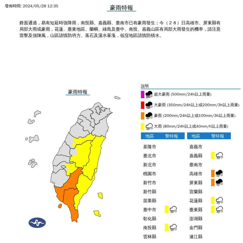 7縣市發豪大雨特報，台東大雷雨持續1hr。 （圖／氣象署提供）