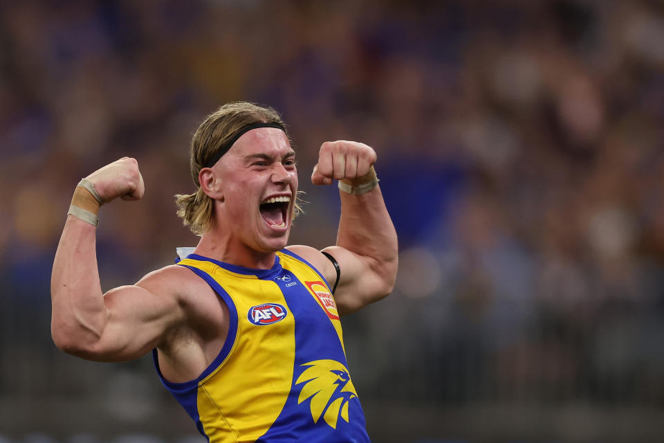 PERTH, AUSTRALIA - APRIL 20: Harley Reid of the Eagles celebrates after scoring a goal during the 2024 AFL Round 06 match between the West Coast Eagles and the Fremantle Dockers at Optus Stadium on April 20, 2024 in Perth, Australia. (Photo by Will Russell/AFL Photos via Getty Images)