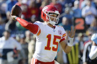 Kansas City Chiefs quarterback Patrick Mahomes passes against the Tennessee Titans in the first half of an NFL football game Sunday, Nov. 10, 2019, in Nashville, Tenn. (AP Photo/Mark Zaleski)