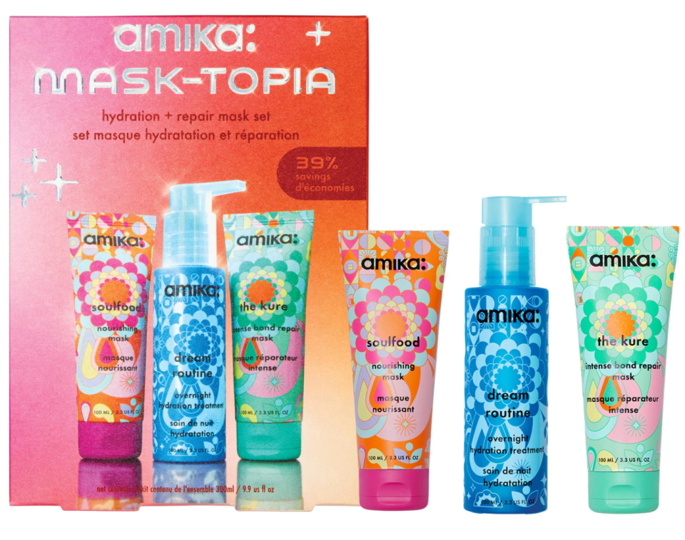 kit with three amika hair masks