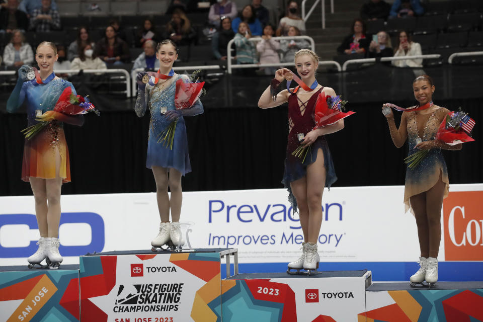 Bradie Tennell, Isabeau Levito, Amber Glenn and Starr Andrews, from left, hold up their medals after the women's free skate at the U.S. figure skating championships in San Jose, Calif., Friday, Jan. 27, 2023. Levito finished first, Tennell finished second, Glenn finished third and Andrews finished fourth in the event. (AP Photo/Josie Lepe)