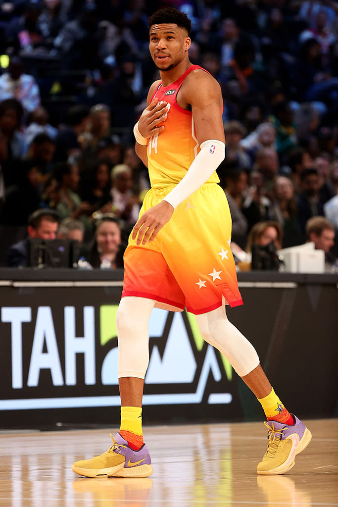 Giannis Antetokounmpo in the Nike Zoom Freak 4 during the 2023 NBA All-Star Game. - Credit: Tim Nwachukwu/Getty Images