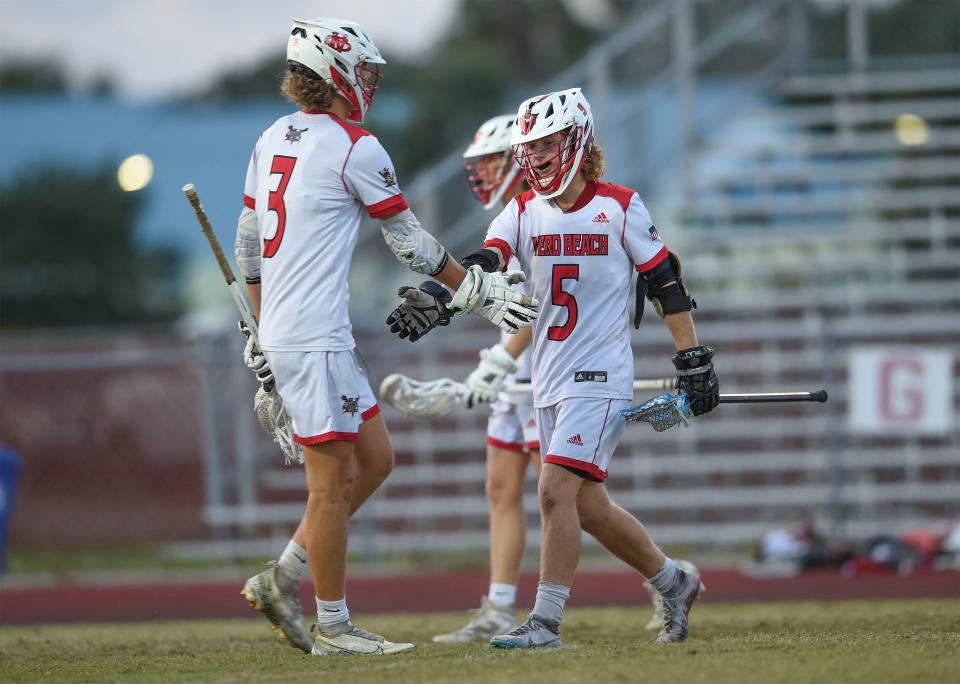 Vero Beach High School battles against Lake Nona High School during their FHSAA Region 2-2A Boys Lacrosse Quarterfinal on Wednesday, April 19, 2023, inside the Citrus Bowl in Vero Beach. Vero wins 12-5.