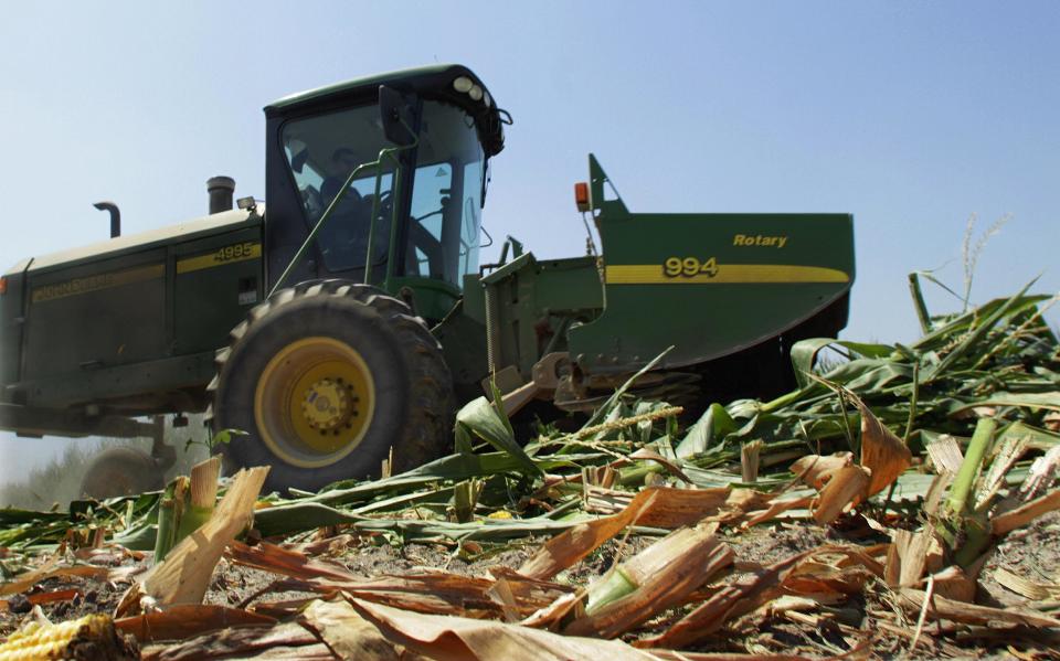 Steve Niedbalski is seen chopping down his drought and heat stricken corn for feed Wednesday, July 11, 2012 in Nashville Ill. Farmers in parts of the Midwest, are dealing with the worst drought in nearly 25 years. (AP Photo/Seth Perlman)