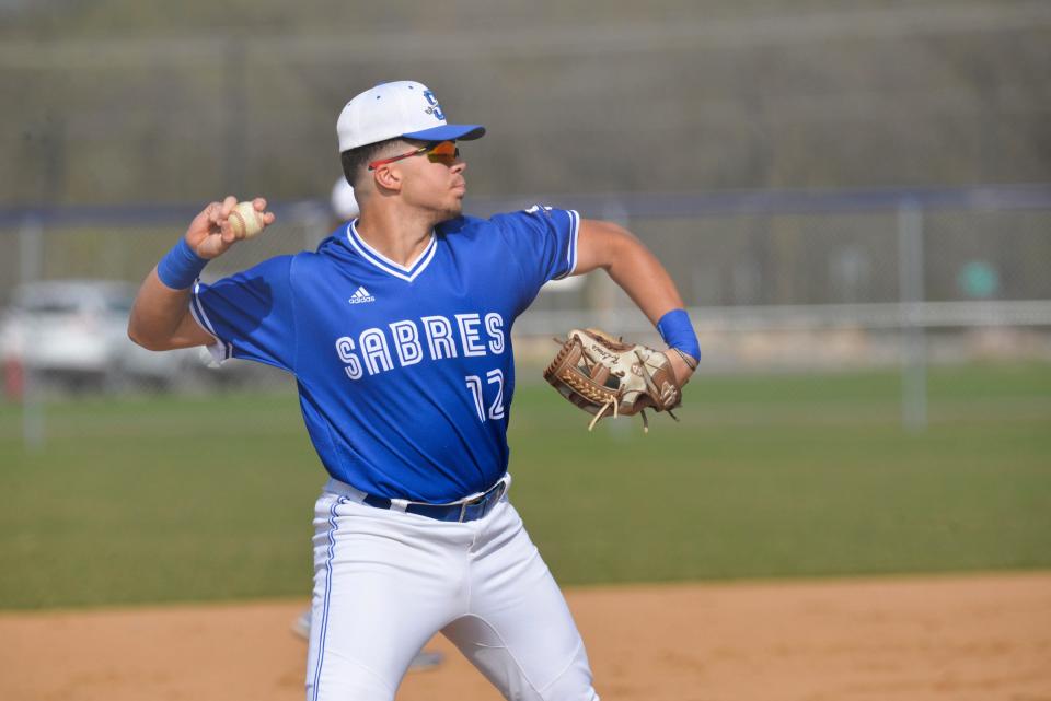 Sartell's Kade Lewis throws the ball across the diamond as Sartell hosted St. Cloud in a baseball game on Thursday, May 12, 2022, at Sartell High School. 