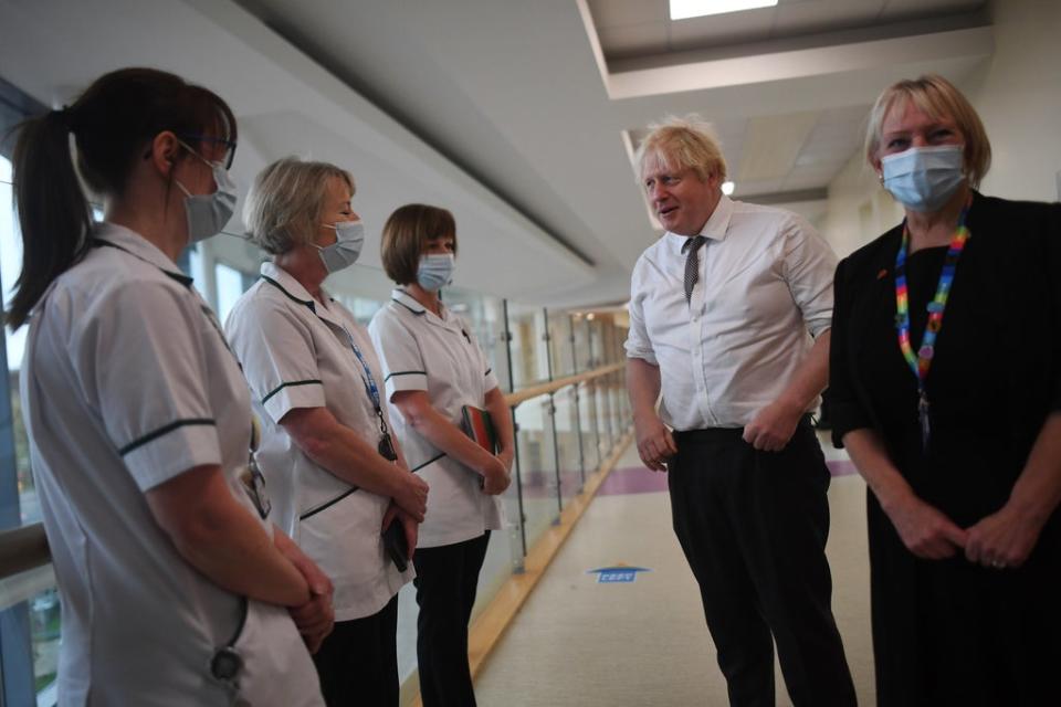 Prime Minister Boris Johnson meets medical staff during a visit to Hexham General Hospital (Peter Summers/PA) (PA Wire)