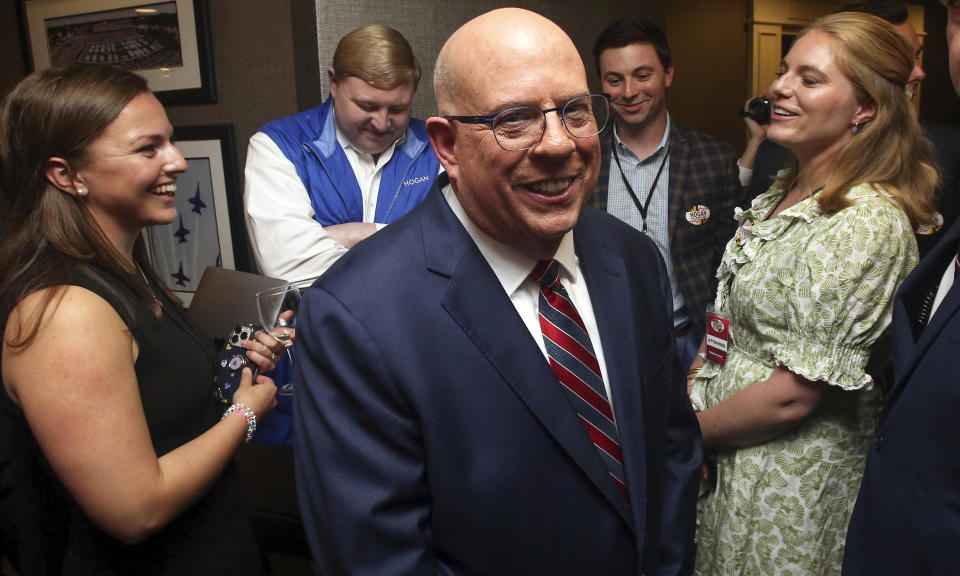 Former Maryland Gov. Larry Hogan greets supporters during a primary night election party Tuesday, May 14, 2024, in Annapolis, Md., after he won the GOP nomination for the U.S. Senate seat opened by Democratic Sen. Ben Cardin's retirement. (AP Photo/Daniel Kucin Jr.)