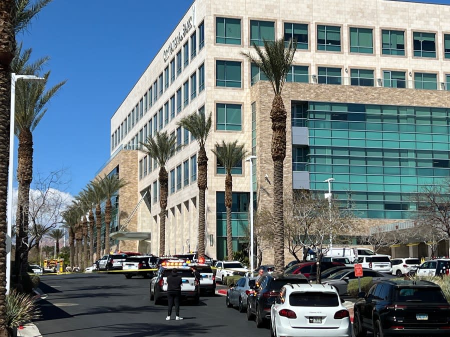 LVMPD investigates a shooting with multiple victims at an office building on W. Charleston Blvd. near Pavilion Center Dr. in Summerlin on April 8, 2024. (KLAS) (KLAS)