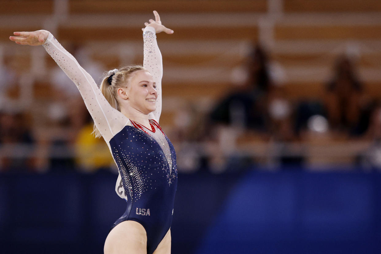 Jade Carey is an Olympic gold medalist after winning the floor exercise on Monday in Tokyo. (Photo by Adam Pretty/Getty Images)