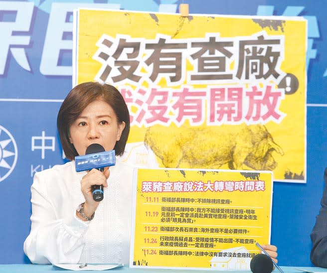 國民黨25日召開「沒有查廠，就沒有開放！」記者會，文傳會主委王育敏要求政府查廠才可以開放美豬進口。（王英豪攝）