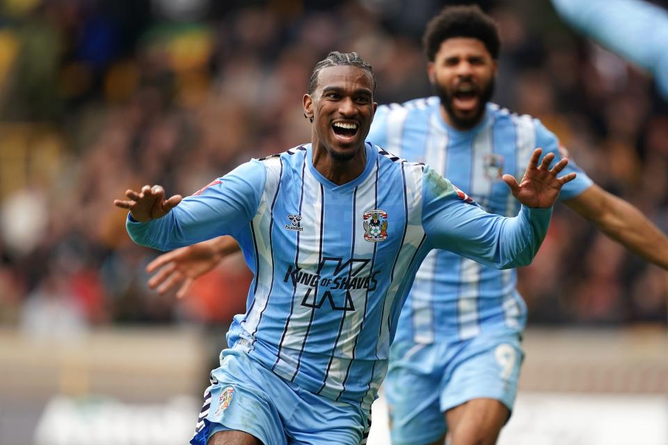 Coventry’s Haji Wright celebrates scoring their third goal (Mike Egerton/PA) (PA Wire)