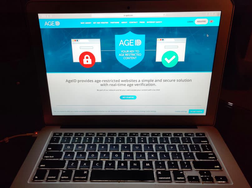 a laptop screen displaying the website for AgeID, an age verification system for the British government’s planned online “porn block", July 2019