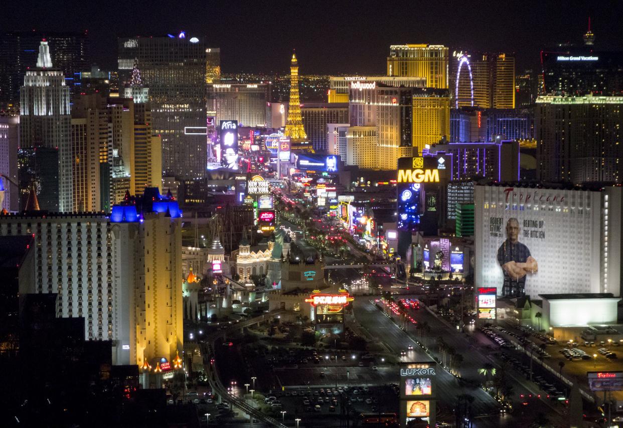 The Las Vegas Strip and skyline including various hotels and casinos are seen at night in Las Vegas, Nevad ((SAUL LOEB/AFP via Getty Images))