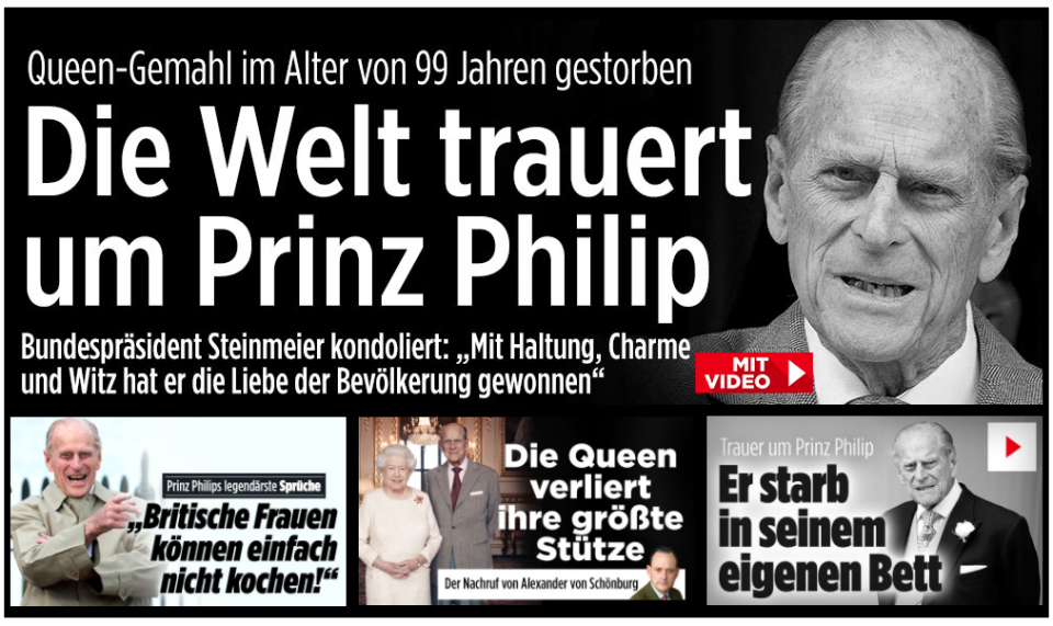 German news site Bild said 'The world mourns Prince Philip' as the Duke's death led their site on Friday. (Bild)