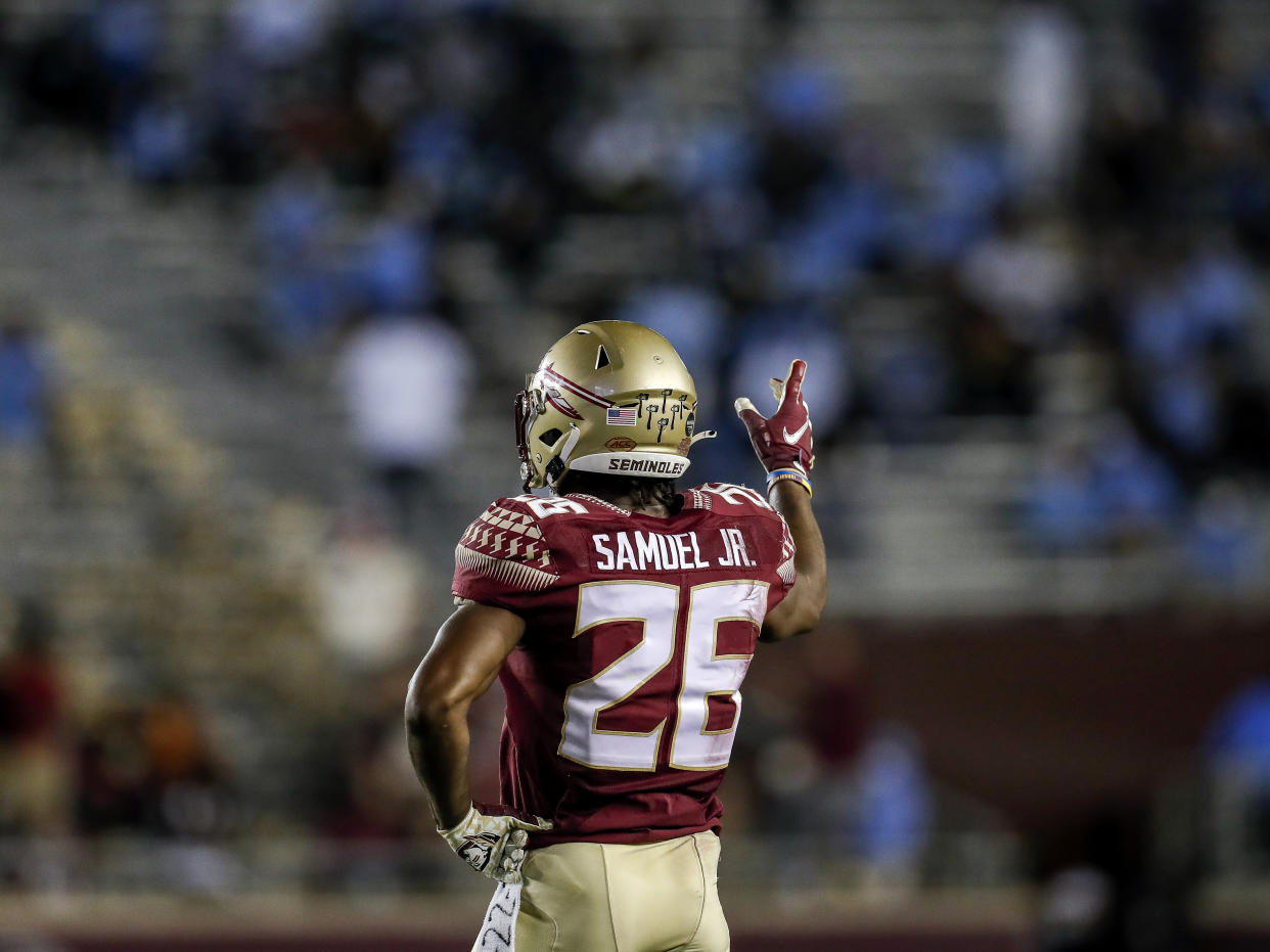 At Florida State, cornerback Asante Samuel, Jr. displayed playmaking ability but was knocked by scouts for his lack of size and overaggressiveness. (Photo by Don Juan Moore/Getty Images)